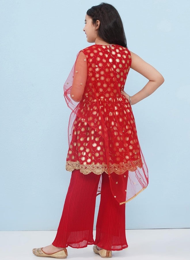 AJ DEZINES Kids Ethnic Wear Motif Foil Printed Frock Style Red Salwar Suit Set For Girls With Dupatta (G-1153-RED-30) - Image 2