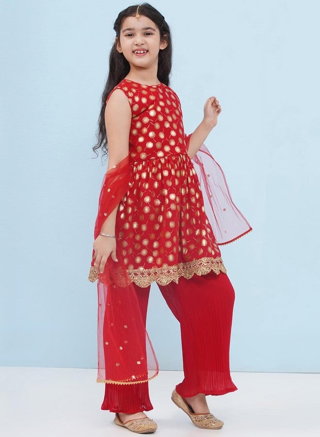 AJ DEZINES Kids Ethnic Wear Motif Foil Printed Frock Style Red Salwar Suit Set For Girls With Dupatta (G-1153-RED-30) - Image 5