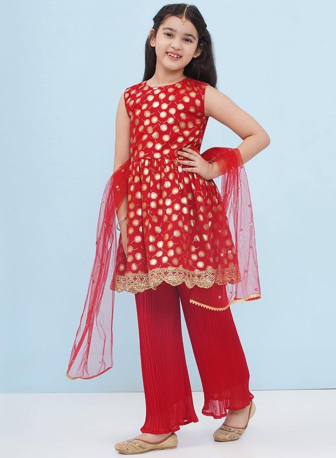 AJ DEZINES Kids Ethnic Wear Motif Foil Printed Frock Style Red Salwar Suit Set For Girls With Dupatta (G-1153-RED-30) - Image 4