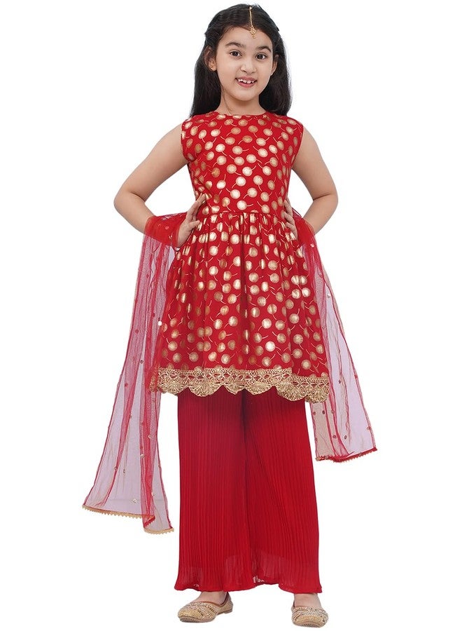 AJ DEZINES Kids Ethnic Wear Motif Foil Printed Frock Style Red Salwar Suit Set For Girls With Dupatta (G-1153-RED-30) - Image 1