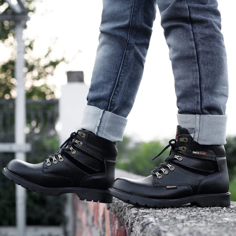 Bacca Bucci Black Steel Toe Boots Real Grain Leather for Men | Best Price UAE