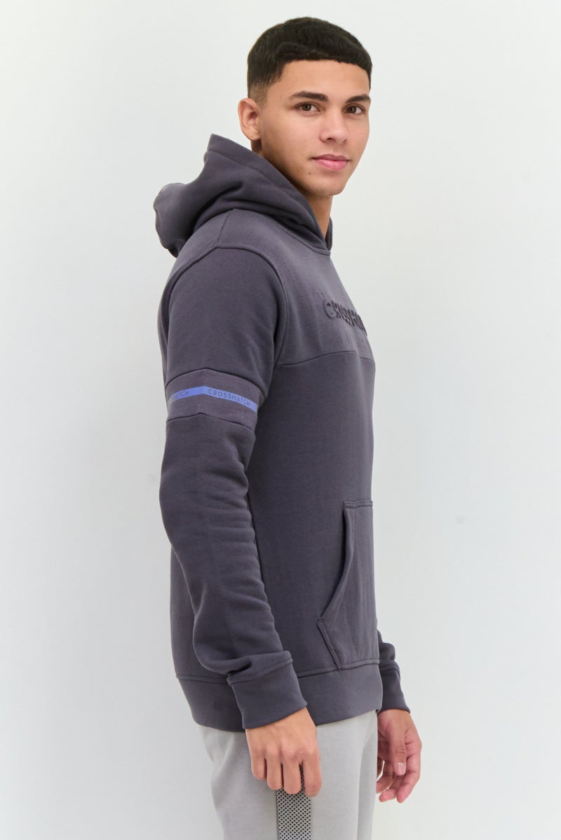CROSSHATCH Men Embossed Print Fleece Hoodie, Charcoal  - Image 2
