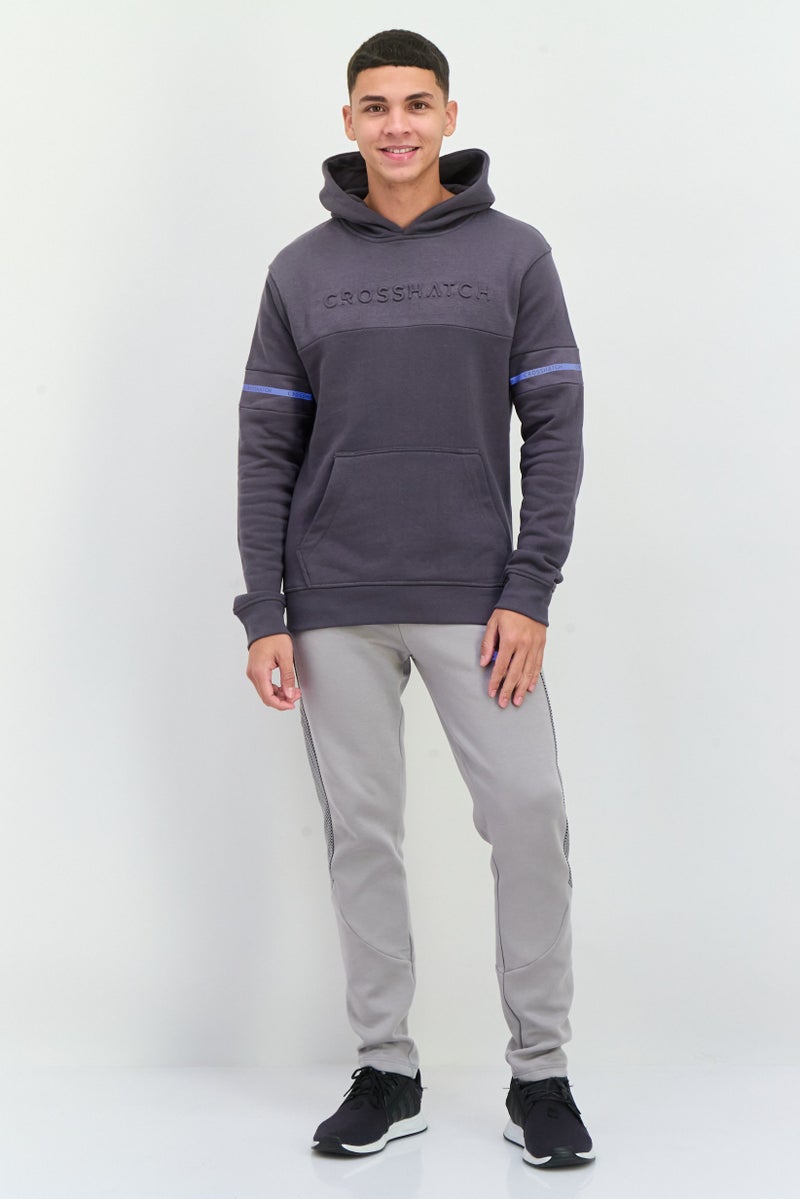 CROSSHATCH Men Embossed Print Fleece Hoodie, Charcoal  - Image 4