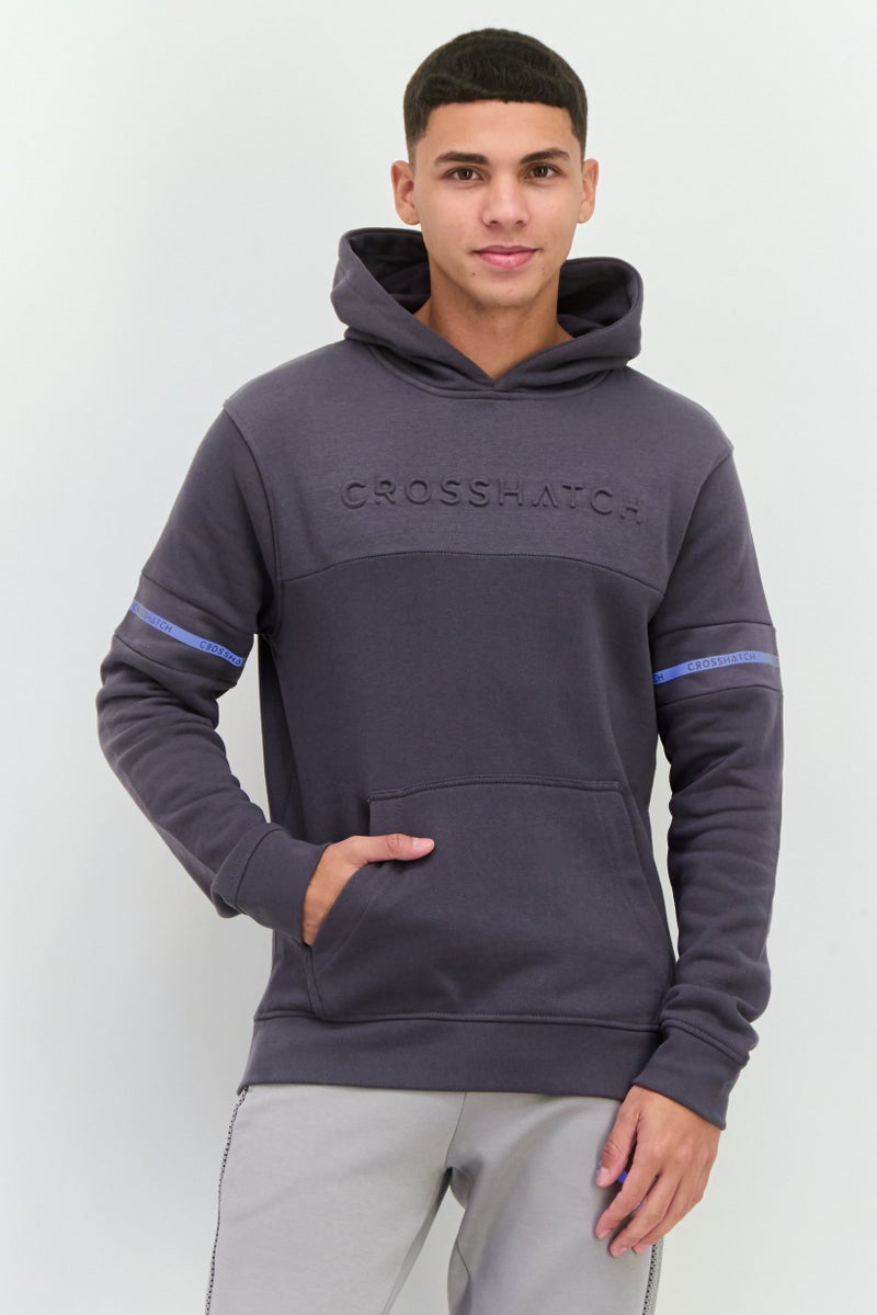 CROSSHATCH Men Embossed Print Fleece Hoodie, Charcoal  - Image 1