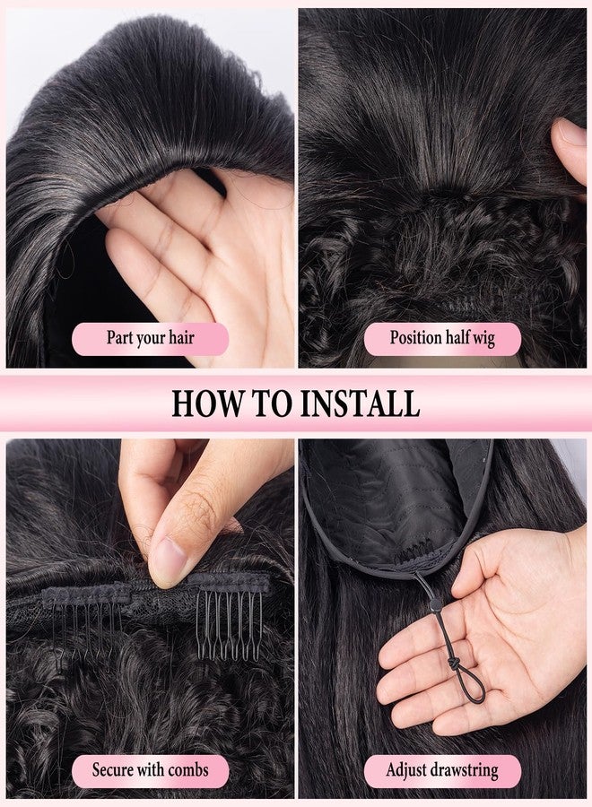 Prosa Kinky Straight 3 in 1 Half Wig, 3-in-1 Glueless Clip In Drawstring Headband Wig, Seamless Flip Over Style for Women (16inch) - Image 2