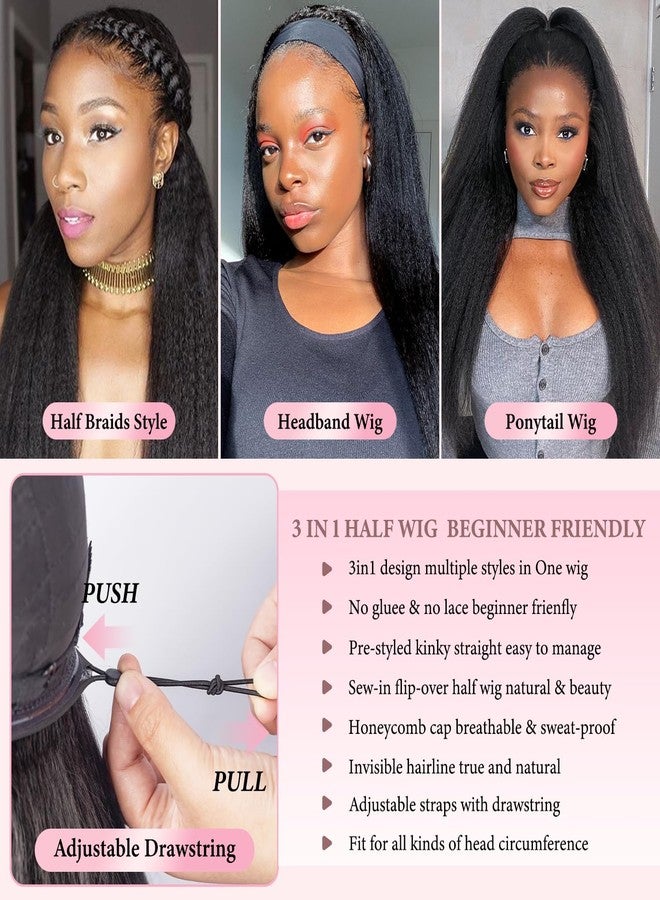 Prosa Kinky Straight 3 in 1 Half Wig, 3-in-1 Glueless Clip In Drawstring Headband Wig, Seamless Flip Over Style for Women (16inch) - Image 4