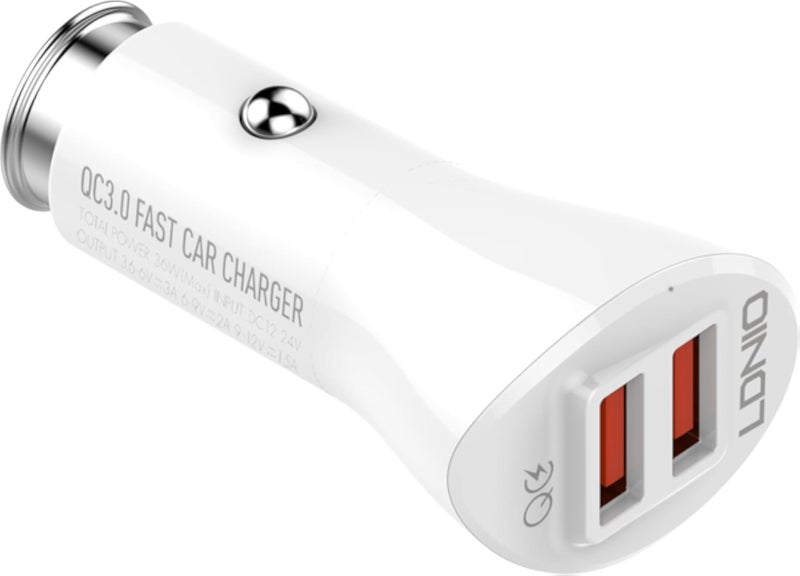 LDNIO C511Q Fast Car Charger 36W With 2USB Port QC3.0 , Pure White LED and Type-C Cable - White