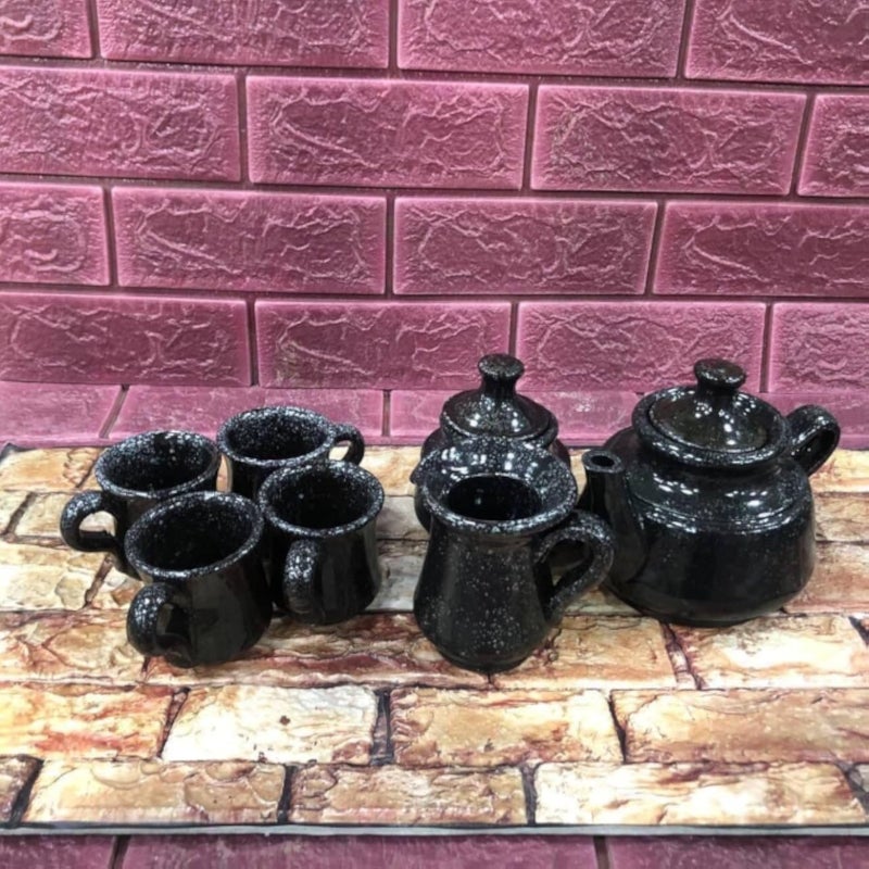 Handcrafted Clay Ensemble - Beautiful traditional 7-piece coffee and tea set with glossy glaze finish, perfect for guests, combining artful workmanship with practical functionality