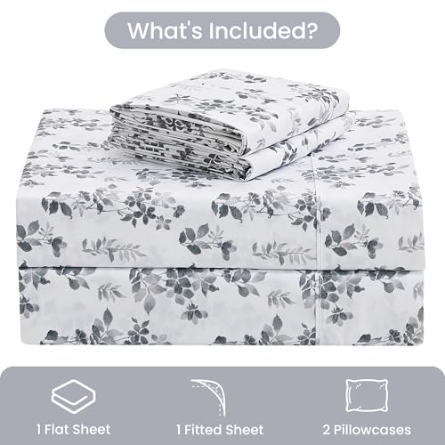 Mooreeke Cozy Vintage Microfiber Printed King Sheet Set Soft Breathable Percale Cotton Floral Bed Sheets with Deep Pocket NonSlip Fitted Design Gradient Grey Small Flowers Pattern King - Image 3