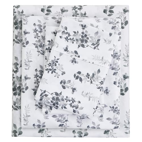Mooreeke Cozy Vintage Microfiber Printed King Sheet Set Soft Breathable Percale Cotton Floral Bed Sheets with Deep Pocket NonSlip Fitted Design Gradient Grey Small Flowers Pattern King - Image 1