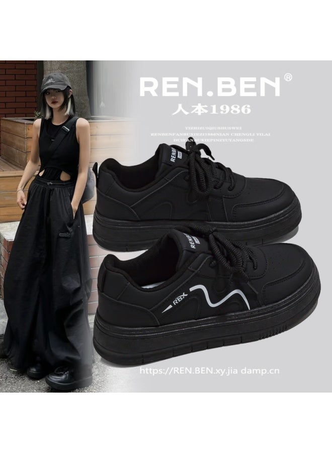 Renben Spring Autumn Black Thick Sole Niche Sneakers Women 2025 Trending High-value Student Versatile Hong Kong Style Black Shoes