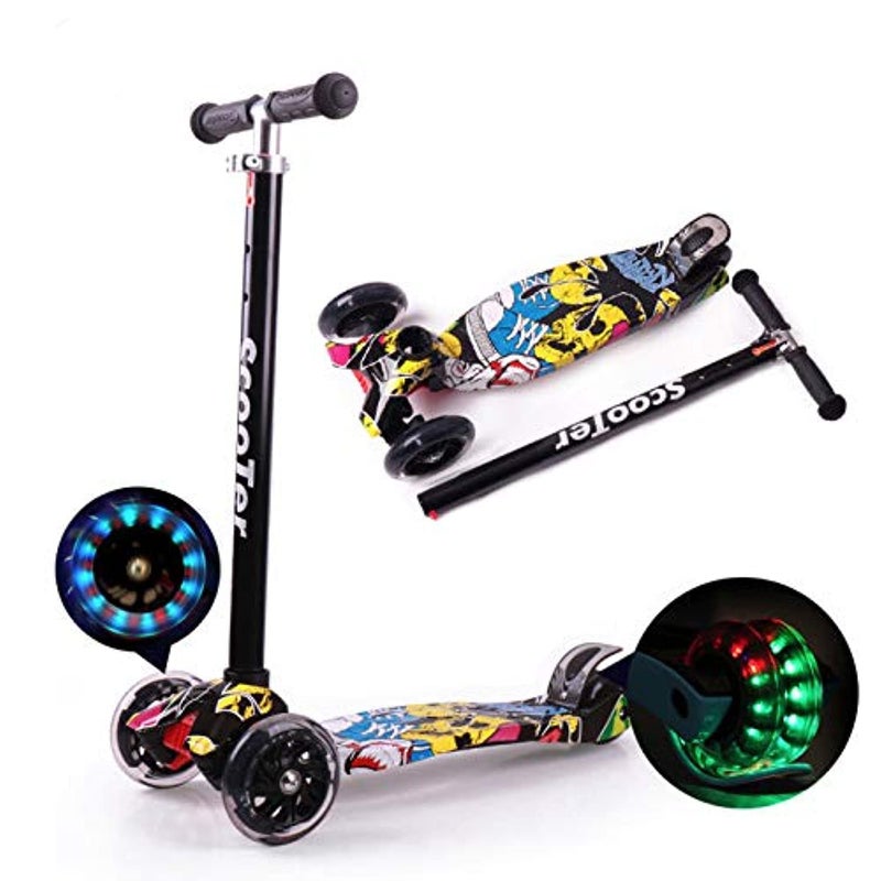 Scooter for Kids 3 Wheel Mini Adjustable Height With Wide Deck Kick Scooter with LED Light Up Wheels for Children 3 to 12 Years Old (Black&Yellow)