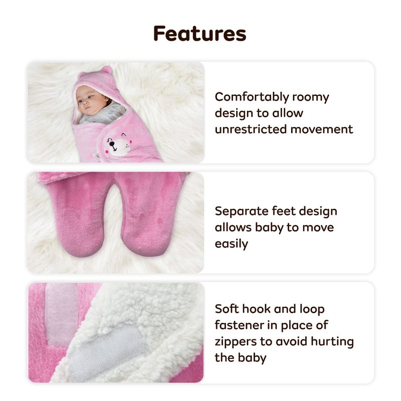 MYLO Mylo Baby Ultra-Soft Cute Baby Pack of 1 | Swaddling Wrapper | All Season Ac Blanket -Multipurpose | Hoodie Teddy Bear|0-6 Months (Light Pink) - Image 3