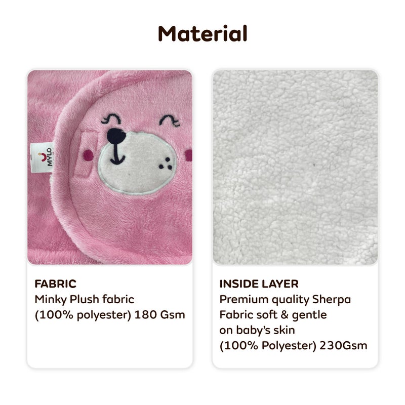 MYLO Mylo Baby Ultra-Soft Cute Baby Pack of 1 | Swaddling Wrapper | All Season Ac Blanket -Multipurpose | Hoodie Teddy Bear|0-6 Months (Light Pink) - Image 4