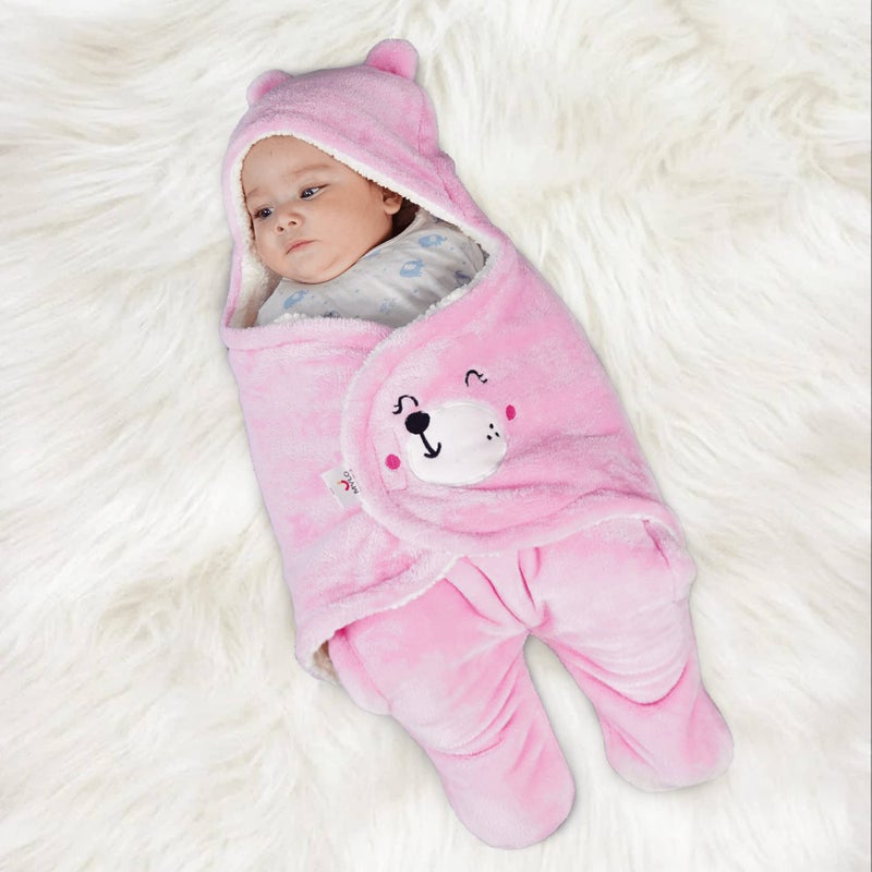 MYLO Mylo Baby Ultra-Soft Cute Baby Pack of 1 | Swaddling Wrapper | All Season Ac Blanket -Multipurpose | Hoodie Teddy Bear|0-6 Months (Light Pink) - Image 2
