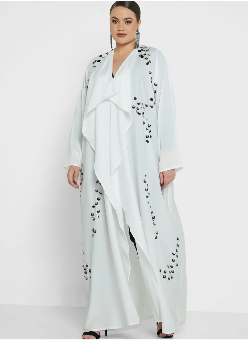 Hayas Closet Curve Asymmetric Embellished Abaya