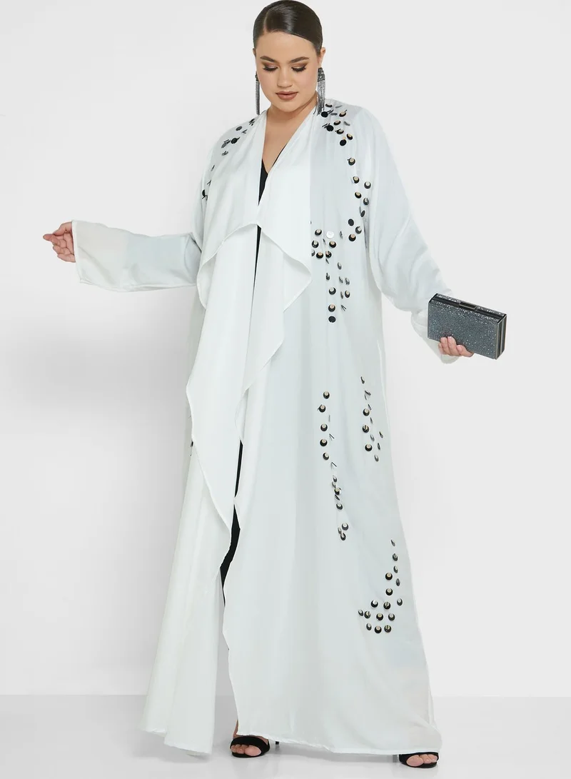 Hayas Closet Curve Asymmetric Embellished Abaya