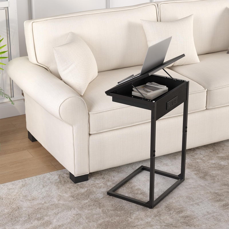 sthmec C Shaped End Table with Charging Station, 45Â° Tiltable Adjustable Flip Top Side Table with Storage,Small C Table for Small Spaces,Slide Under Couch Sofa Bedside Table for Living Room, Black - Image 2