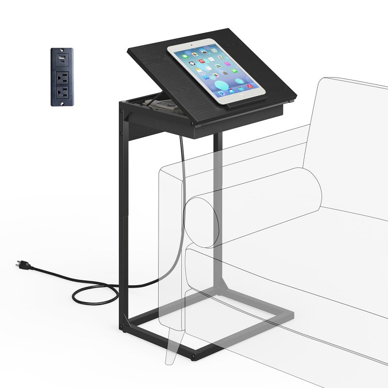 sthmec C Shaped End Table with Charging Station, 45Â° Tiltable Adjustable Flip Top Side Table with Storage,Small C Table for Small Spaces,Slide Under Couch Sofa Bedside Table for Living Room, Black - Image 1