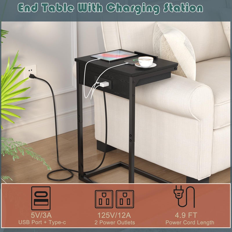 sthmec C Shaped End Table with Charging Station, 45Â° Tiltable Adjustable Flip Top Side Table with Storage,Small C Table for Small Spaces,Slide Under Couch Sofa Bedside Table for Living Room, Black - Image 5
