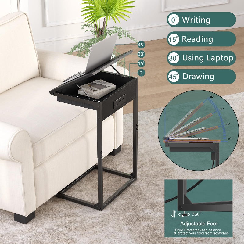 sthmec C Shaped End Table with Charging Station, 45Â° Tiltable Adjustable Flip Top Side Table with Storage,Small C Table for Small Spaces,Slide Under Couch Sofa Bedside Table for Living Room, Black - Image 4