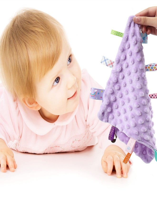 CREVENT Tag Security Blankets for Babies, Soft Small Loveys for Girls, Baby Comforter Sensory Blanket, Great Gifts for Birthday Baby Shower 10"X10" (Purple+Pink Tag, Crib) - Image 4