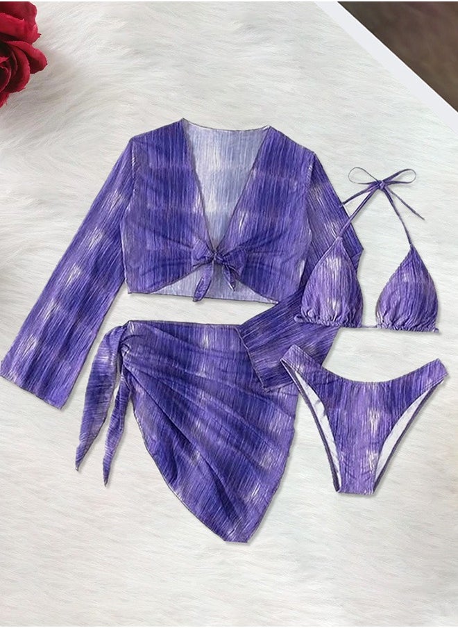 MARGOUN Small Size Women's 4-piece swimsuits Breathable Stylish Halter Neck Bra Polyester Wrap Skirt V Neck Swimsuit Long Sleeves Purple / S (Bust 68-72/Waist 63-67/Hip 89-93)  - Image 1
