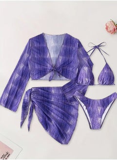 MARGOUN Small Size Women's 4-piece swimsuits Breathable Stylish Halter Neck Bra Polyester Wrap Skirt V Neck Swimsuit Long Sleeves Purple / S (Bust 68-72/Waist 63-67/Hip 89-93)  - Image 3