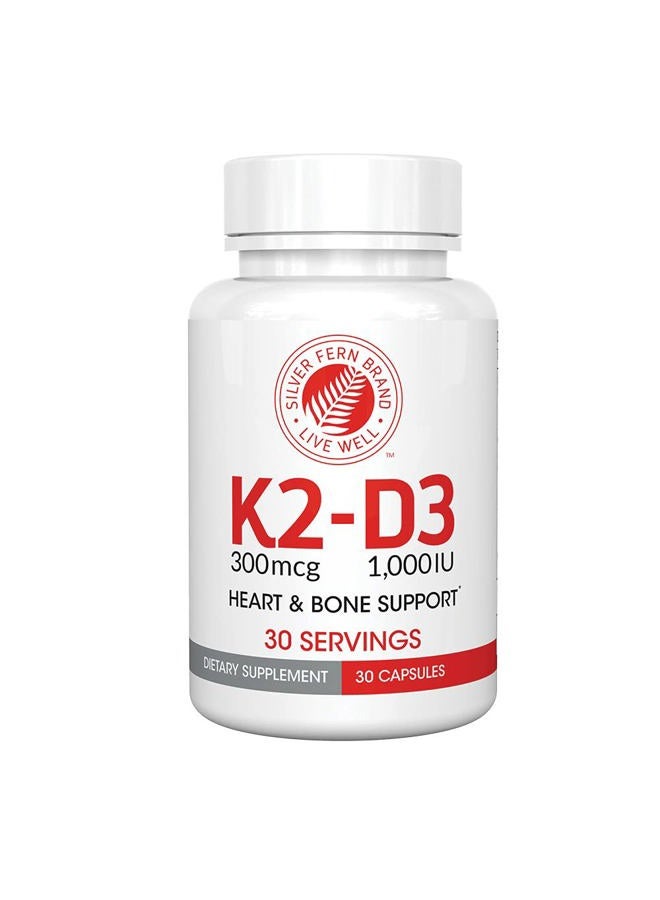 Silver Fern Vitamin K2-D3 Supplement Brand - Natural, Non-Synthetic - K2-7 as Menaquinone-7 (MK-7) - D3 as cholecalciferol - Bone, Heart & Energy Support (1 Bottle - 30 Capsules - 30 Servings) - Image 1