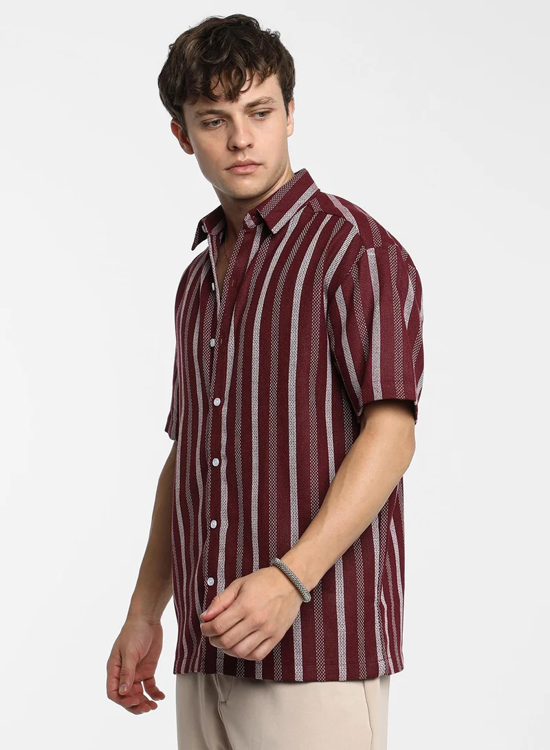 CAHOOT  Men's Maroon Red Pencil Striped Shirt For Casual Wear | Spread Collar | Short Sleeve | Button Closure | Shirt Crafted With Comfort Fit For Everyday Wear for Men | Best Price UAE