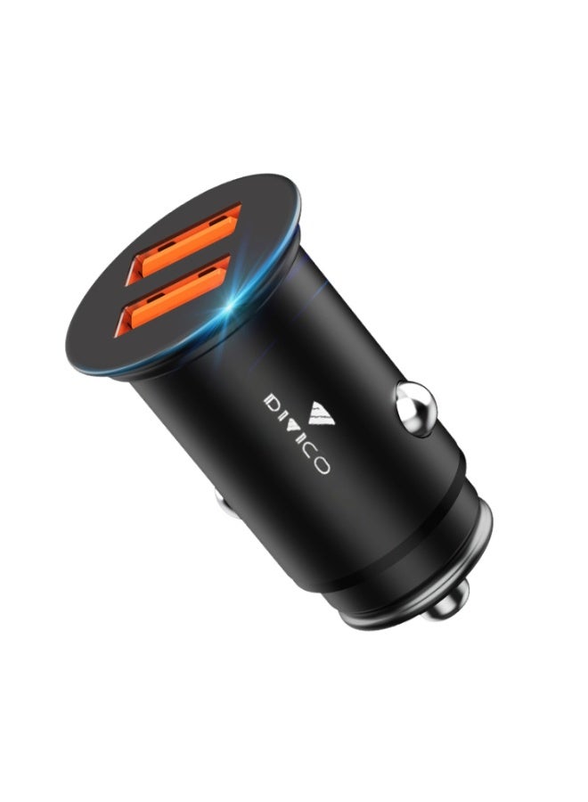DIVICO Dual USB Car Charger Adapter Black – 2.4A High-Speed Output, 12V/24V Input, Compact Metal Design with Overheat Protection – Compatible with Smartphones & Electronic Devices – Model A3004 - Image 1