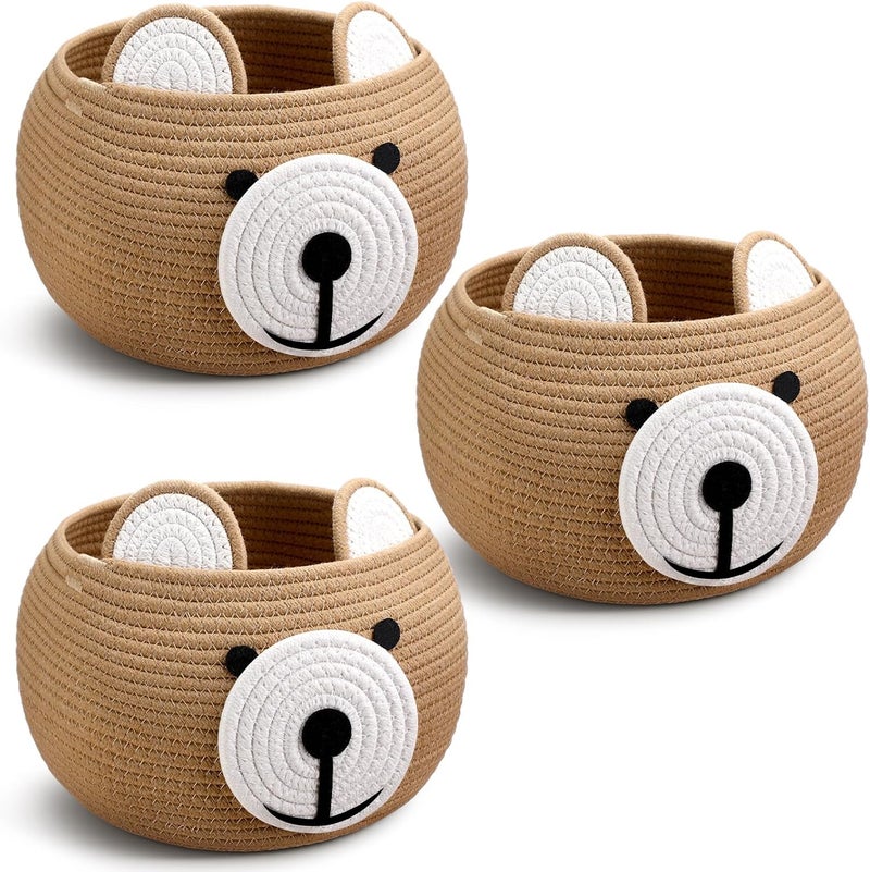 Uiifan 3 Pcs Baby Laundry Basket Bear Baby Shower Basket Gift Basket Cute Round Cotton Rope Basket for Newborn Items Storage, Clothes, Toy, Blankets, Towels, Nursery, 9.45 x 9.45 Inches, Brown - Image 1