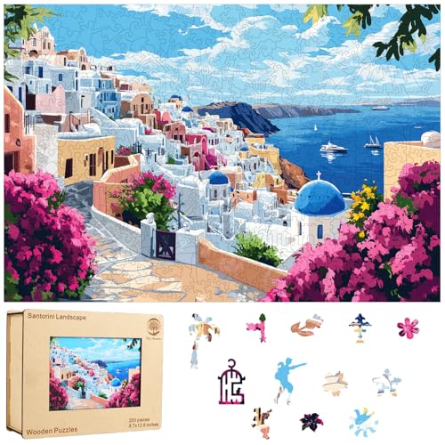 Mys Aurora Scenery Puzzles for Adults Santorini Wooden Puzzles 200 Pieces Unique Shaped Jigsaw Puzzle Birthday Gift Challenging Family Game for Kids and Adults 126 86 inch - Image 1