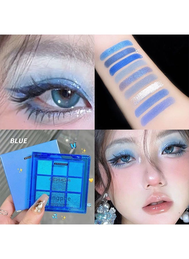 Tingphe Multi Color Eyes Palette,9 Colors Blue Glitter Eyeshadow Palette, Glitter Dark Light Royal Cobalt Baby Sky Navy Blue Metallic Shimmer Sparkly Eye Shadow Palette Makeup for Older Women Eyes, Highly Pigmented Eyeshadow - Image 2