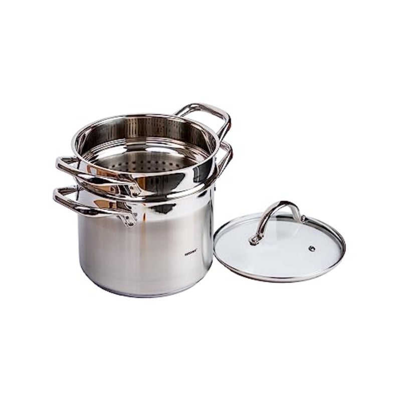 وعاء معكرونة SS GOURMET مع غطاء لاستخدام المطبخ، من الفولاذ المقاوم للصدأ، فضي، مع غطاء محكم ومقابض مريحة - Image 2