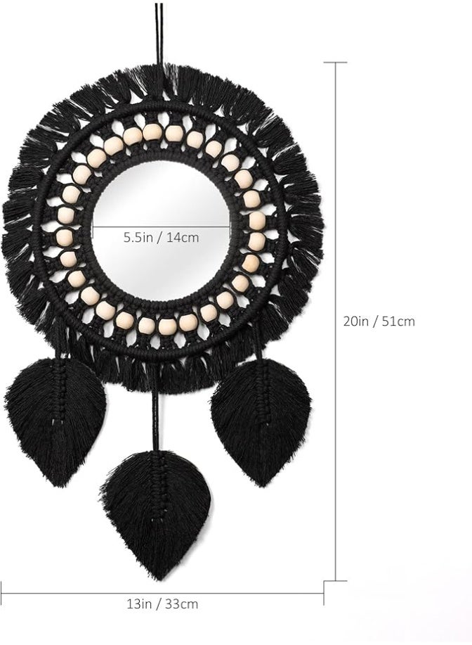 Arabest Hanging Wall Mirror with Macrame Fringe, Wall Mounted Round Decorative Mirror Feather Pendant, Art Ornament for Home, Bedroom, Living Room (Black) - Image 2