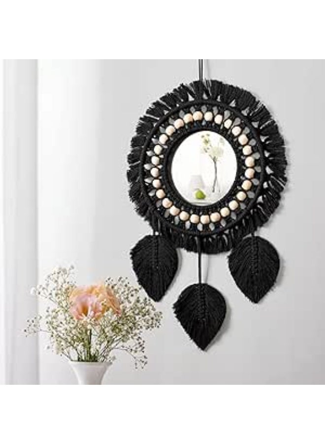 Arabest Hanging Wall Mirror with Macrame Fringe, Wall Mounted Round Decorative Mirror Feather Pendant, Art Ornament for Home, Bedroom, Living Room (Black) - Image 1