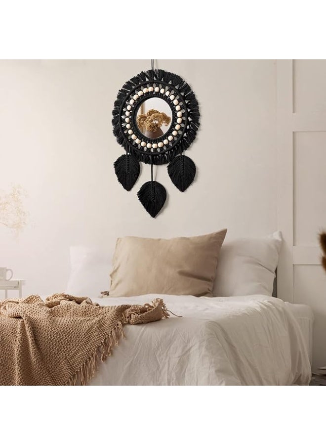 Arabest Hanging Wall Mirror with Macrame Fringe, Wall Mounted Round Decorative Mirror Feather Pendant, Art Ornament for Home, Bedroom, Living Room (Black) - Image 3
