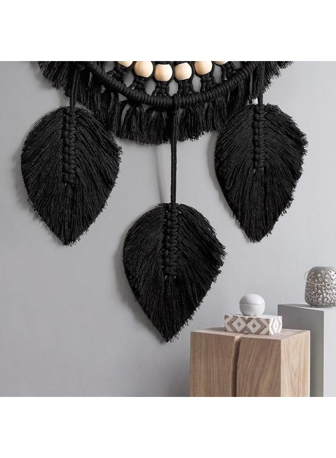 Arabest Hanging Wall Mirror with Macrame Fringe, Wall Mounted Round Decorative Mirror Feather Pendant, Art Ornament for Home, Bedroom, Living Room (Black) - Image 5