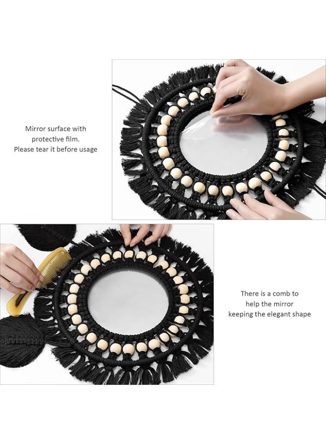 Arabest Hanging Wall Mirror with Macrame Fringe, Wall Mounted Round Decorative Mirror Feather Pendant, Art Ornament for Home, Bedroom, Living Room (Black) - Image 4
