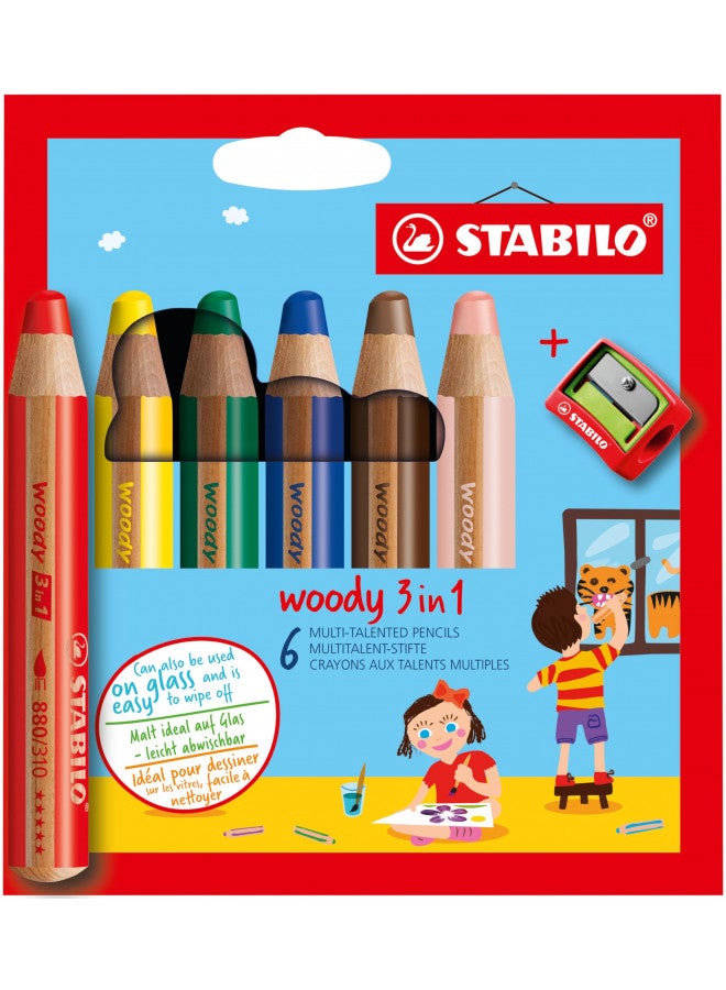 STABILO Multi-talented Pencil - STABILO woody 3-in-1 - Wallet of 6 - Assorted Colors + Sharpener  - Image 1