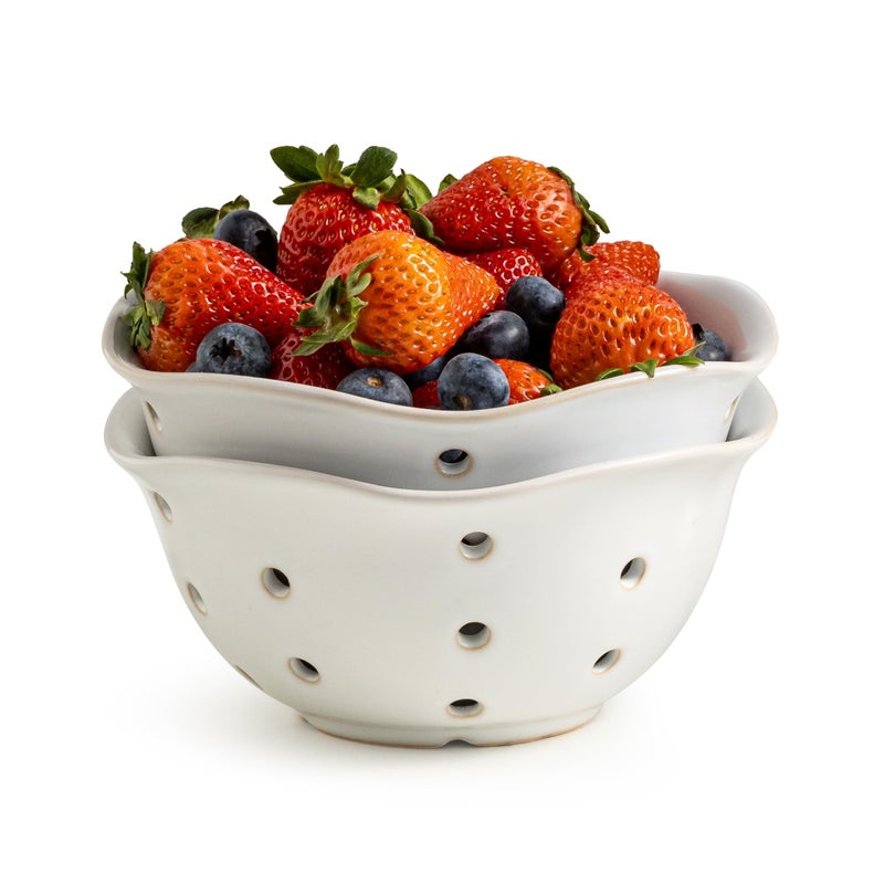 Gomakren Ceramic Berry Basket Set of 2, Elegant Fruit Basket Container 6 Inch, Fruit Bowl with Holes for Kitchen Counter, Berries, Strawberry, Grape, Cherry, Floral Shape - White - Image 1