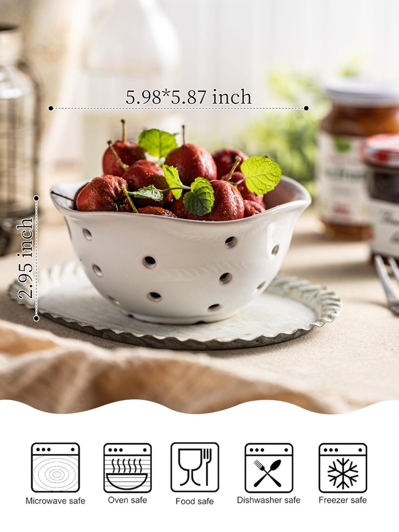 Gomakren Ceramic Berry Basket Set of 2, Elegant Fruit Basket Container 6 Inch, Fruit Bowl with Holes for Kitchen Counter, Berries, Strawberry, Grape, Cherry, Floral Shape - White - Image 2