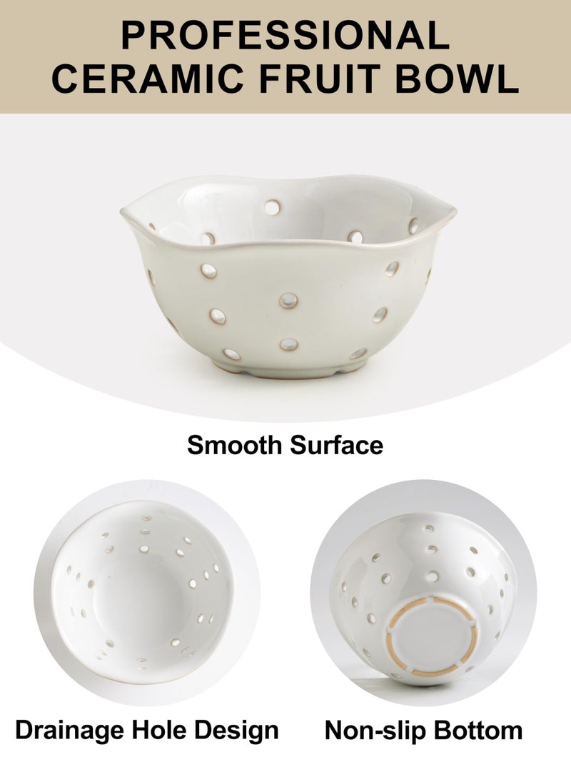 Gomakren Ceramic Berry Basket Set of 2, Elegant Fruit Basket Container 6 Inch, Fruit Bowl with Holes for Kitchen Counter, Berries, Strawberry, Grape, Cherry, Floral Shape - White - Image 3
