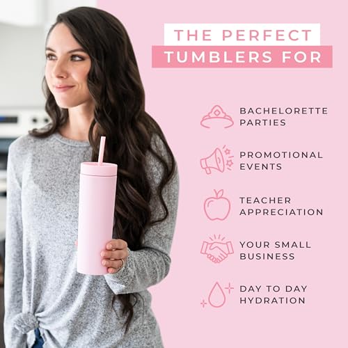 STRATA CUPS Pink Skinny Tumblers with Lids and Straws (4 pack) - 16oz Matte Pastel Colored Acrylic Tumblers with Lids and Straws, Double Wall Skinny Tumbler Bulk, Reusable Cup with Straw Cleaner - Image 5