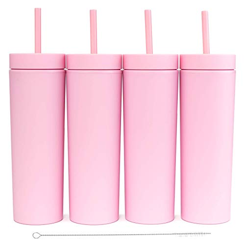 STRATA CUPS Pink Skinny Tumblers with Lids and Straws (4 pack) - 16oz Matte Pastel Colored Acrylic Tumblers with Lids and Straws, Double Wall Skinny Tumbler Bulk, Reusable Cup with Straw Cleaner - Image 1