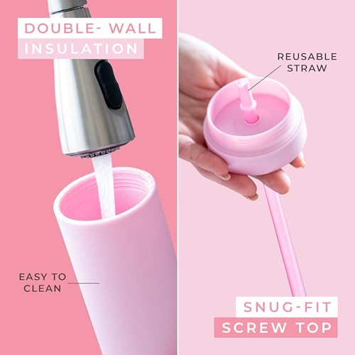STRATA CUPS Pink Skinny Tumblers with Lids and Straws (4 pack) - 16oz Matte Pastel Colored Acrylic Tumblers with Lids and Straws, Double Wall Skinny Tumbler Bulk, Reusable Cup with Straw Cleaner - Image 3