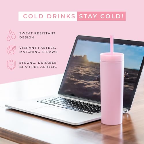 STRATA CUPS Pink Skinny Tumblers with Lids and Straws (4 pack) - 16oz Matte Pastel Colored Acrylic Tumblers with Lids and Straws, Double Wall Skinny Tumbler Bulk, Reusable Cup with Straw Cleaner - Image 2