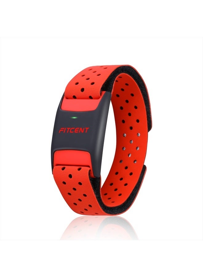 Fitcent ساعة مراقبة معدل ضربات القلب FITCENT، حزام ذراع بلوتوث ANT+ حساس بصري لمعدل ضربات القلب، متتبع لياقة بدنية قابل لإعادة الشحن لبيليتون سترافا زويفت بولار بيت DDP يوغا واهو للياقة البدنية (أحمر) - Image 1