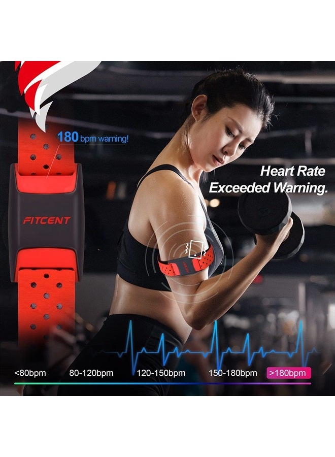 Fitcent ساعة مراقبة معدل ضربات القلب FITCENT، حزام ذراع بلوتوث ANT+ حساس بصري لمعدل ضربات القلب، متتبع لياقة بدنية قابل لإعادة الشحن لبيليتون سترافا زويفت بولار بيت DDP يوغا واهو للياقة البدنية (أحمر) - Image 3